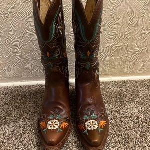 Tony Lama Brown Leather Western Floral Embroidered Heeled Boots